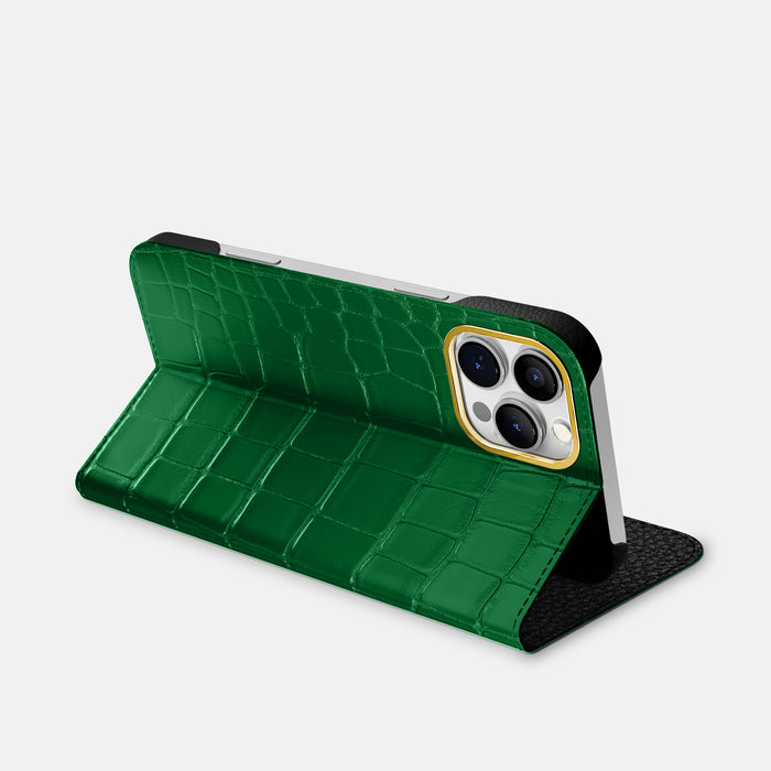 Forest-Green iPhone 16 Pro Max Folio Case In Alligator with Gold Metal -3 | Forest-Green-Gold