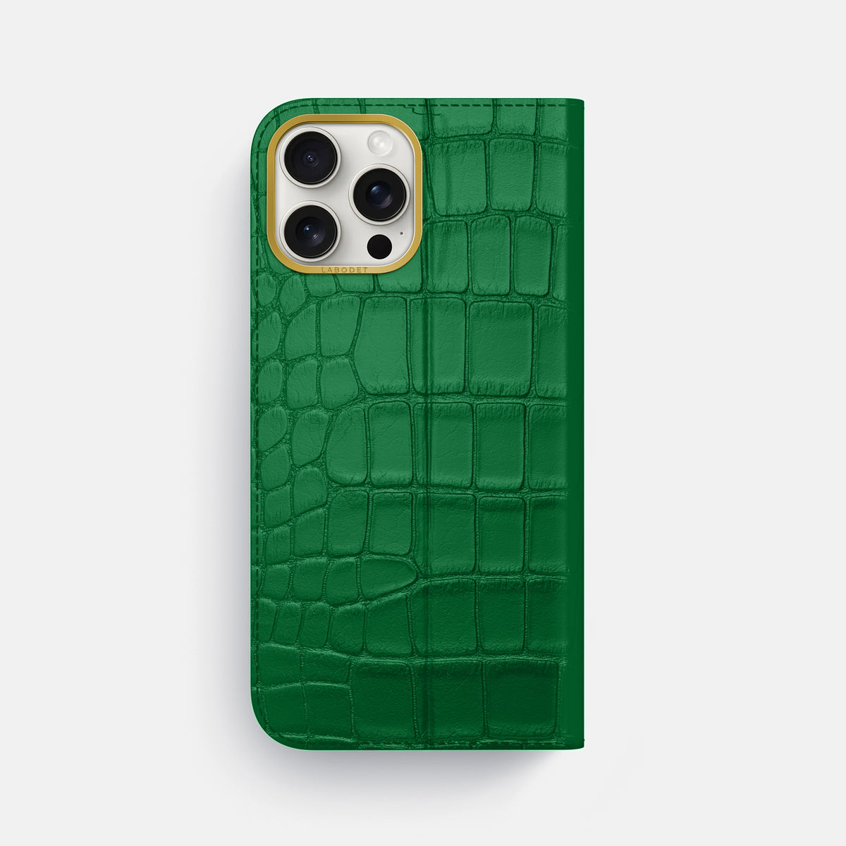 Forest-Green iPhone 16 Pro Max Folio Case In Alligator with Gold Metal -5 | Forest-Green-Gold
