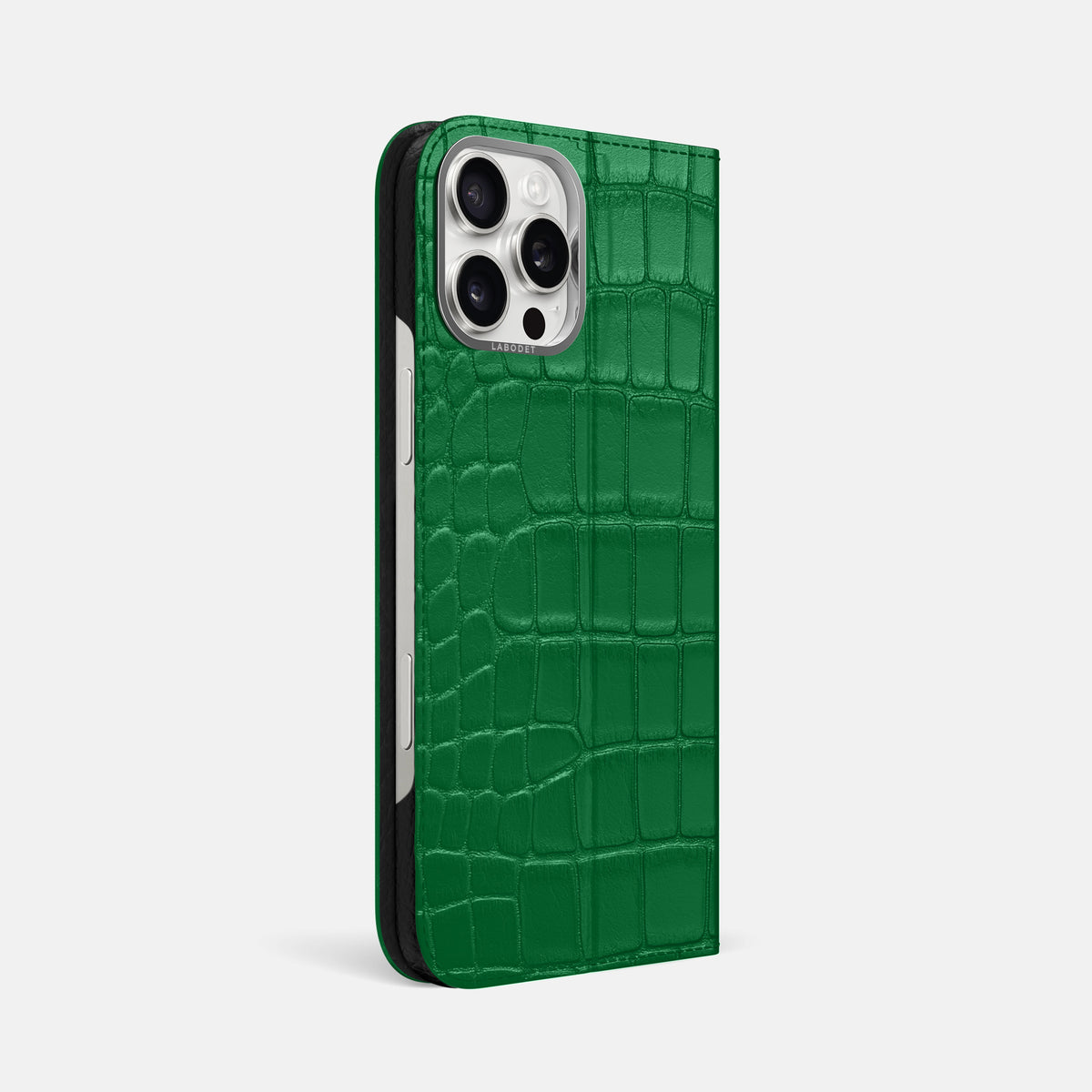 Forest-Green iPhone 16 Pro Max Folio Case In Alligator with Steel Metal -1 | Forest-Green-Steel