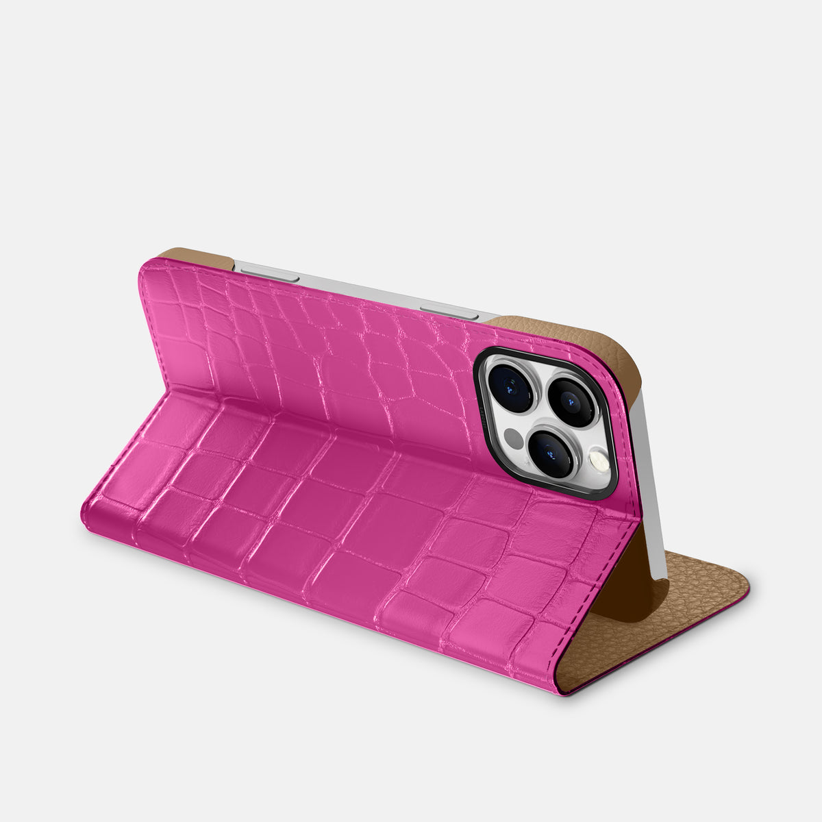 Fuchsia iPhone 16 Pro Max Folio Case Alligator with Black Metal -3 | Fuchsia-Black