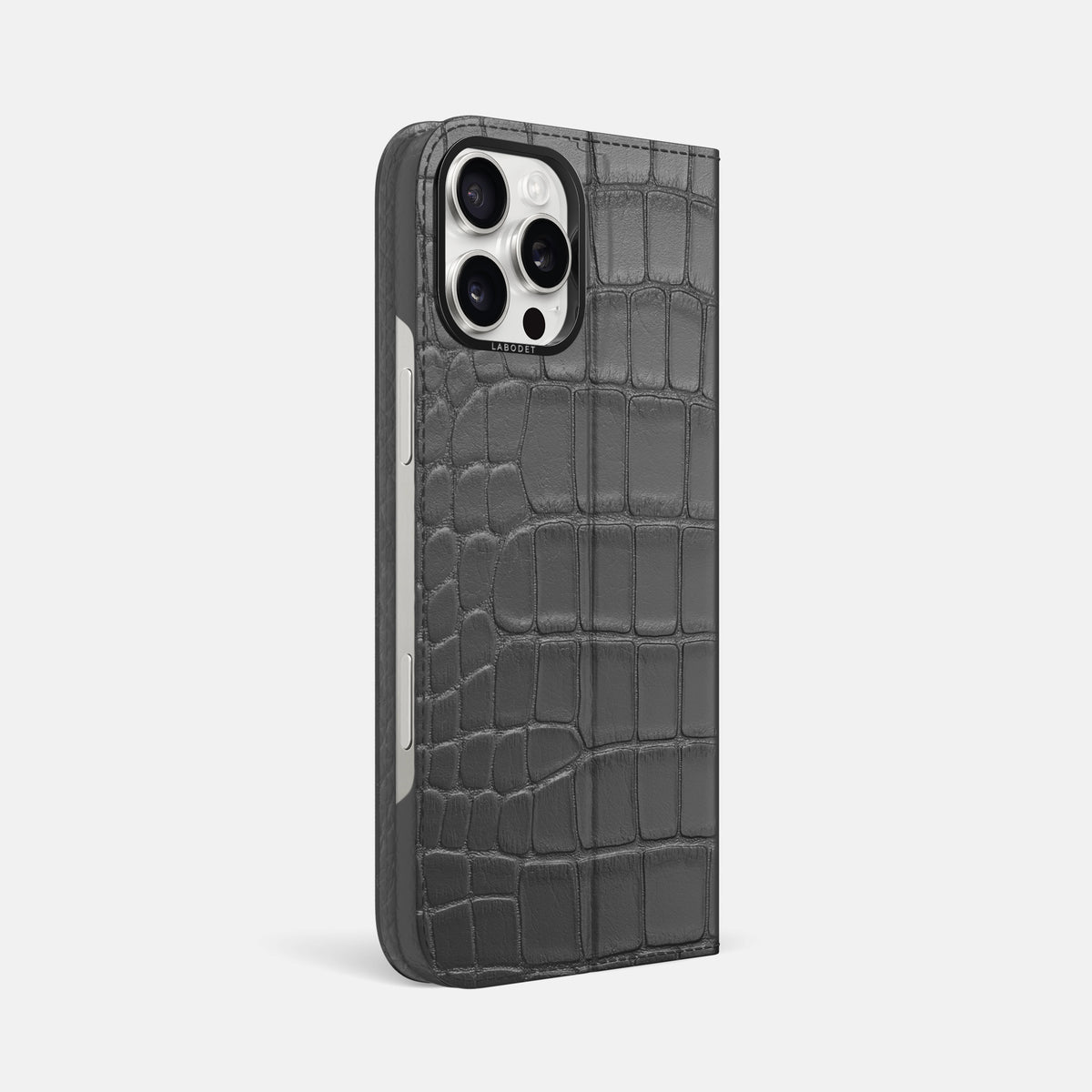 Grey iPhone 16 Pro Max Folio Case Alligator with Black Metal -1 | Grey-Black