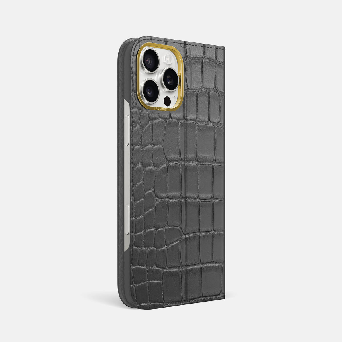 Grey iPhone 16 Pro Max Folio Case In Alligator with Gold Metal -1 | Grey-Gold