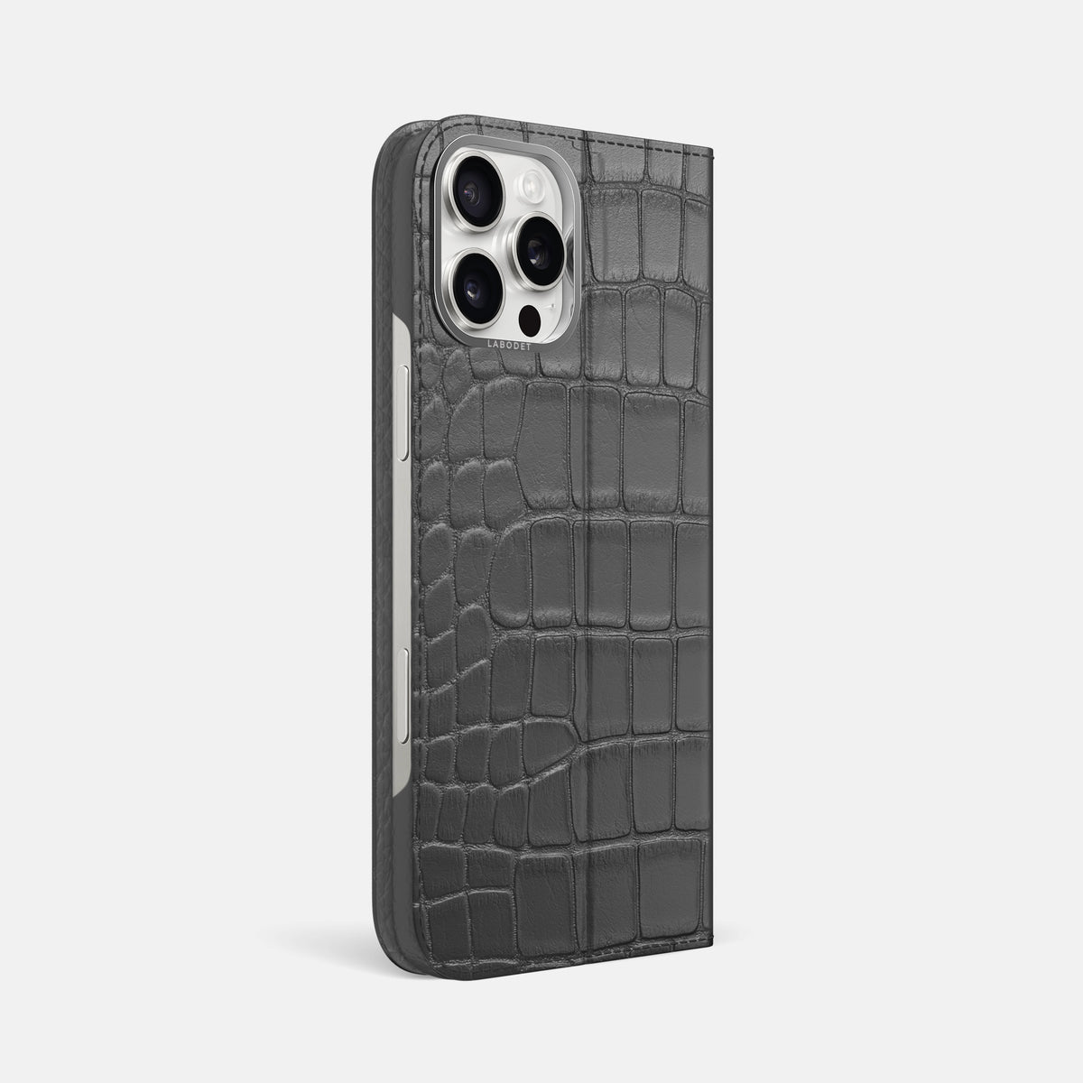 Grey iPhone 16 Pro Max Folio Case Alligator with Steel Metal -1 | Grey-Steel