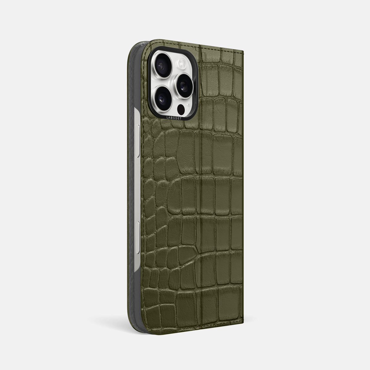 Kaki-Green iPhone 16 Pro Max Folio Case Alligator with Black Metal -1 | Kaki-Green-Black