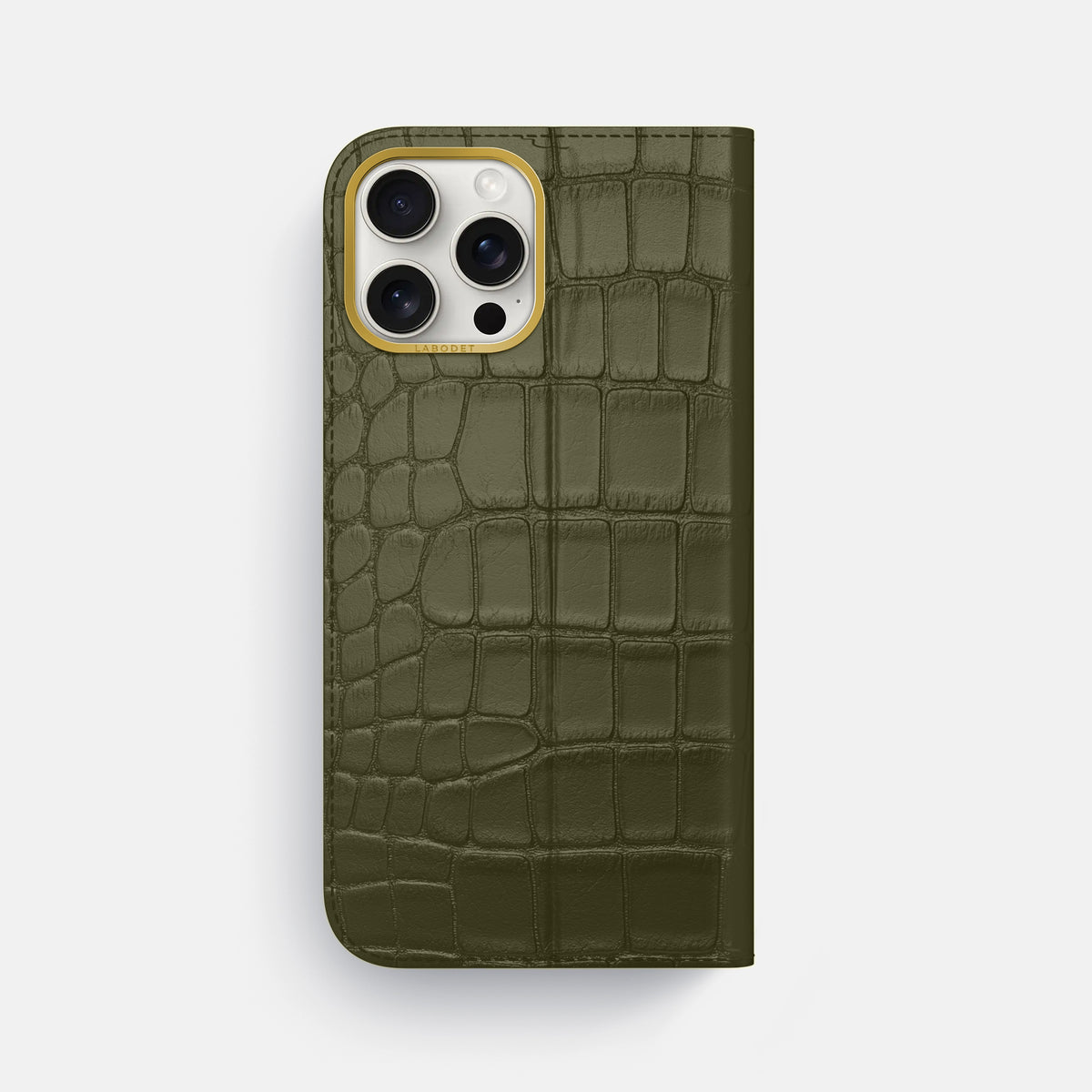 Kaki-Green iPhone 16 Pro Max Folio Case In Alligator with Gold Metal -5 | Kaki-Green-Gold