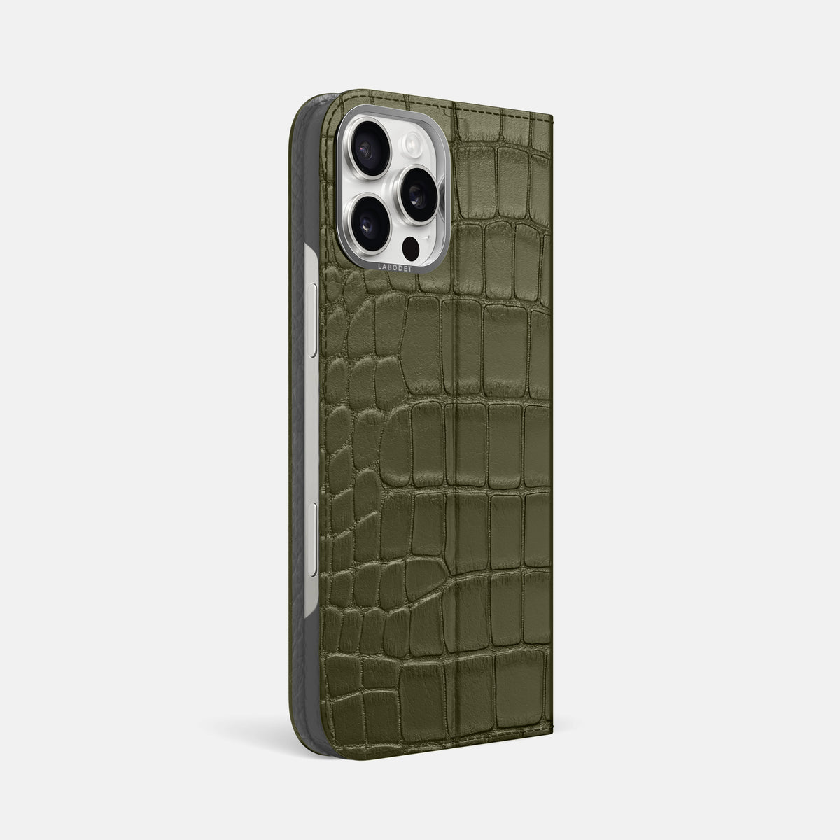Kaki-Green iPhone 16 Pro Max Folio Case Alligator with Steel Metal -1 | Kaki-Green-Steel