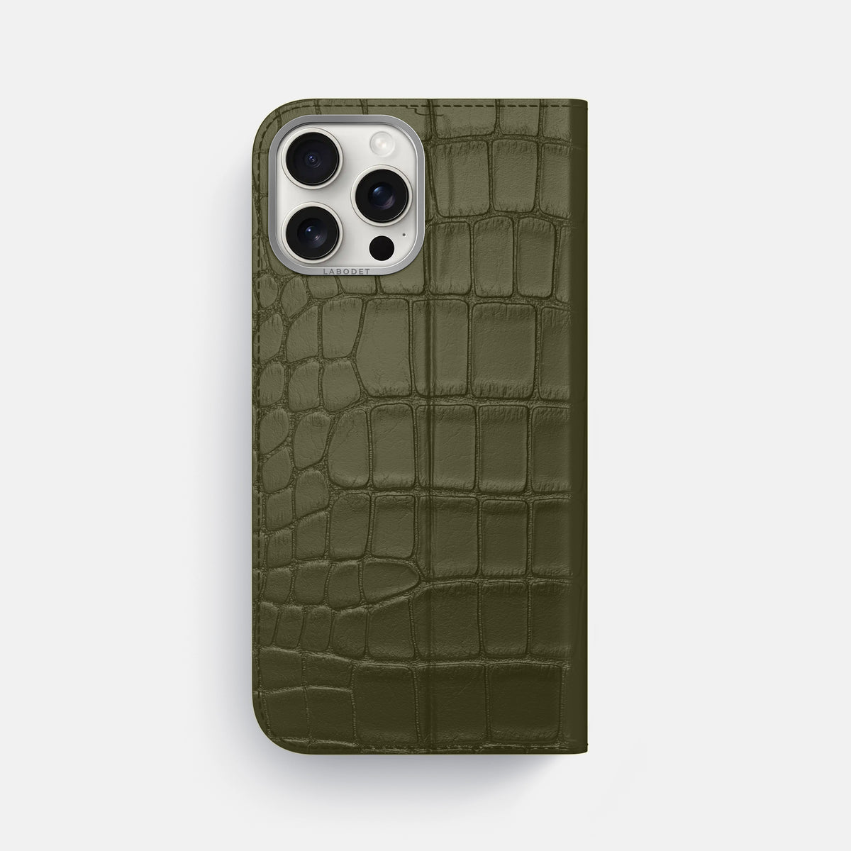 Kaki-Green iPhone 16 Pro Max Folio Case Alligator with Steel Metal -5 | Kaki-Green-Steel
