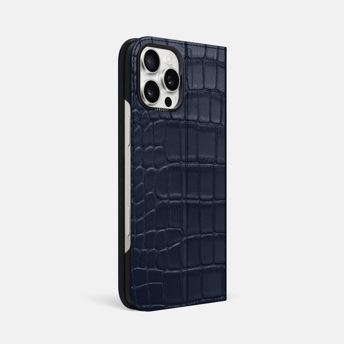 Navy Blue iPhone 16 Pro Max Folio Case Alligator with Black Metal -1 | Navy-Blue-Black
