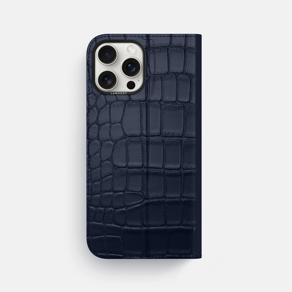 Navy Blue iPhone 16 Pro Max Folio Case Alligator with Black Metal -5 | Navy-Blue-Black