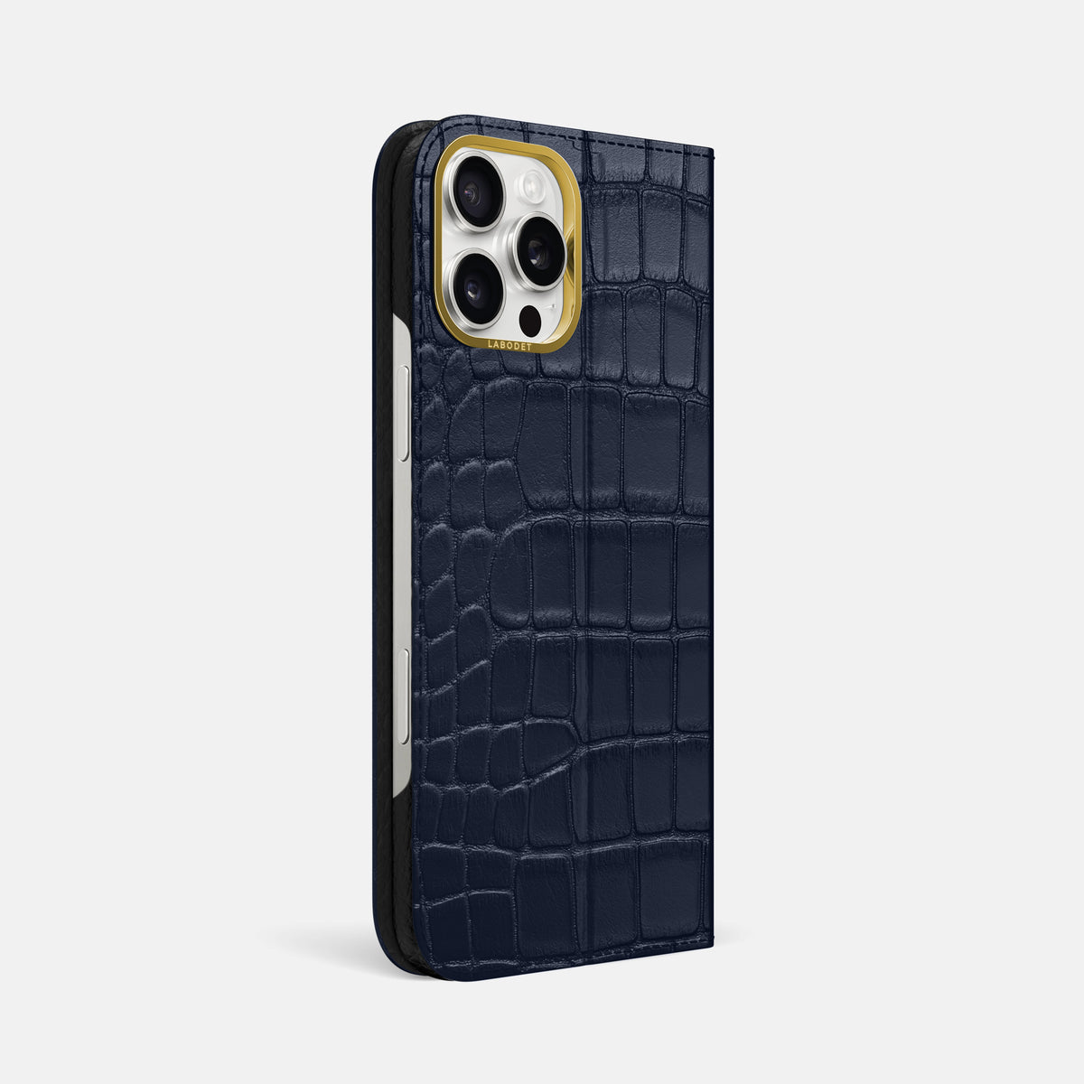 Navy Blue iPhone 16 Pro Max Folio Case In Alligator with Gold Metal -1 | Navy-Blue-Gold