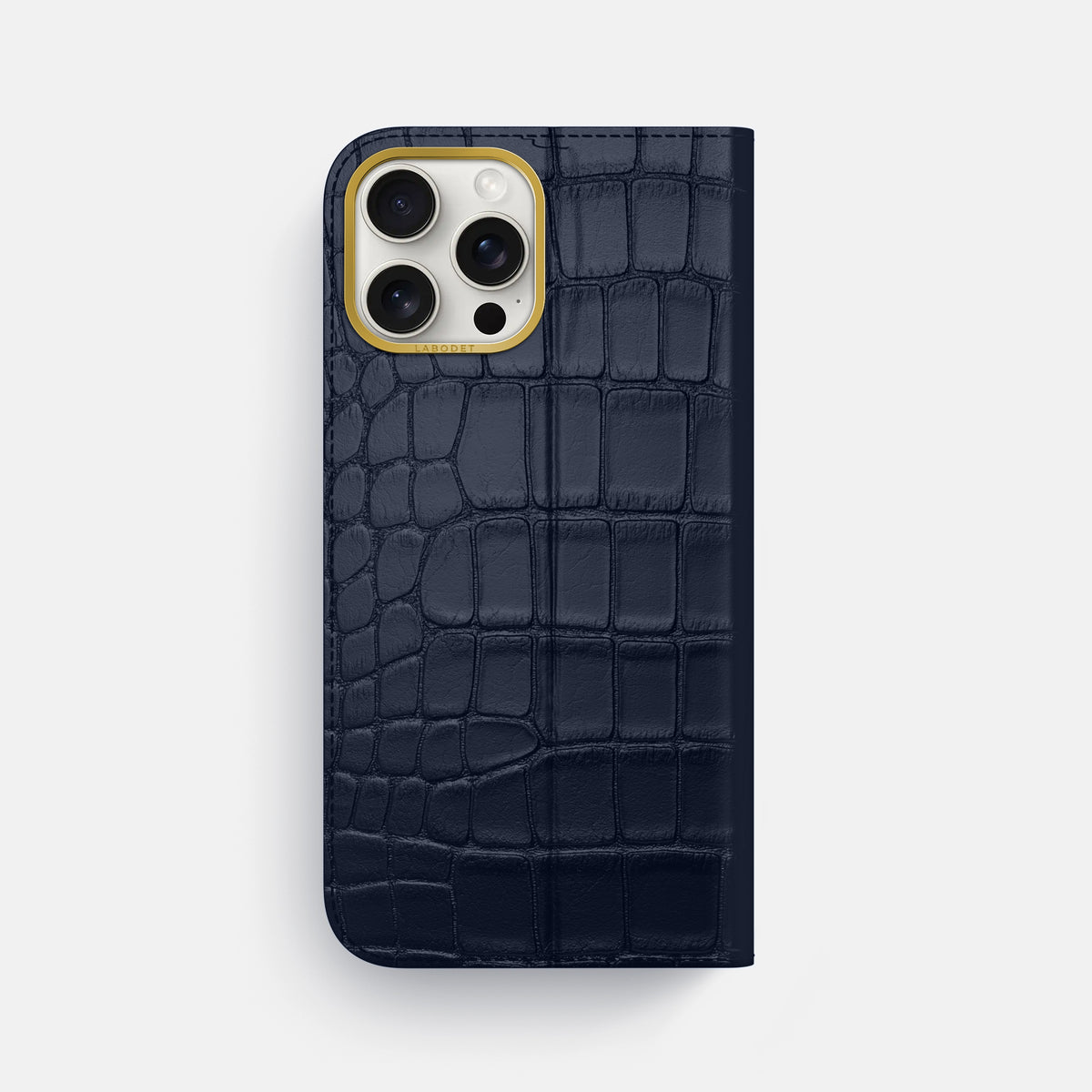 Navy Blue iPhone 16 Pro Max Folio Case In Alligator with Gold Metal -5 | Navy-Blue-Gold