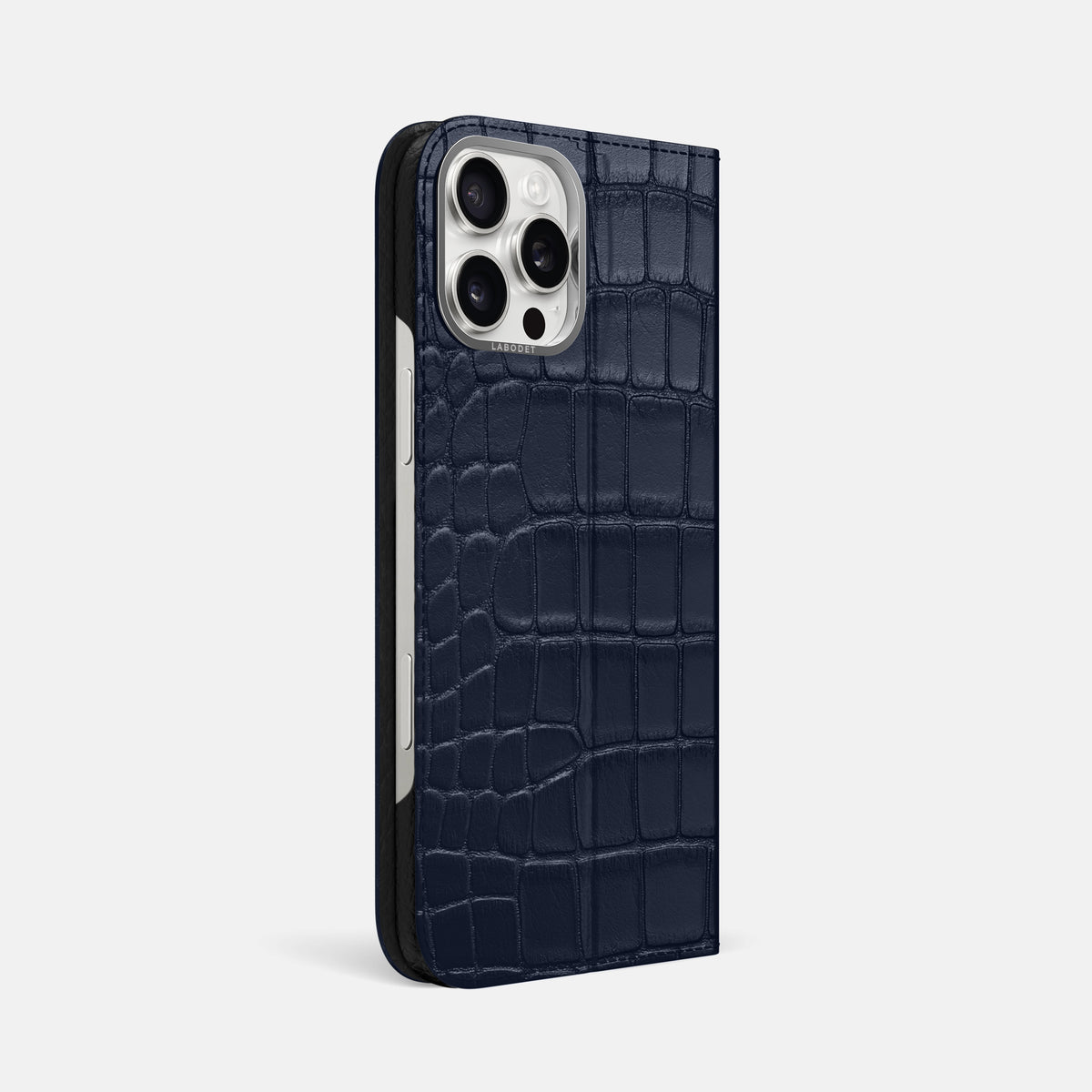 Navy Blue iPhone 16 Pro Max Folio Case Alligator with Steel Metal -1 | Navy-Blue-Steel