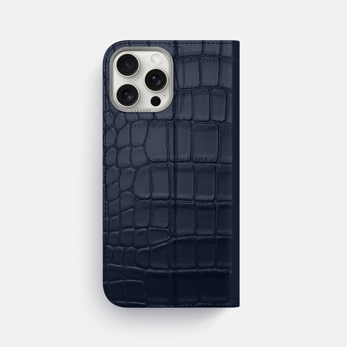 Navy Blue iPhone 16 Pro Max Folio Case Alligator with Steel Metal -5 | Navy-Blue-Steel