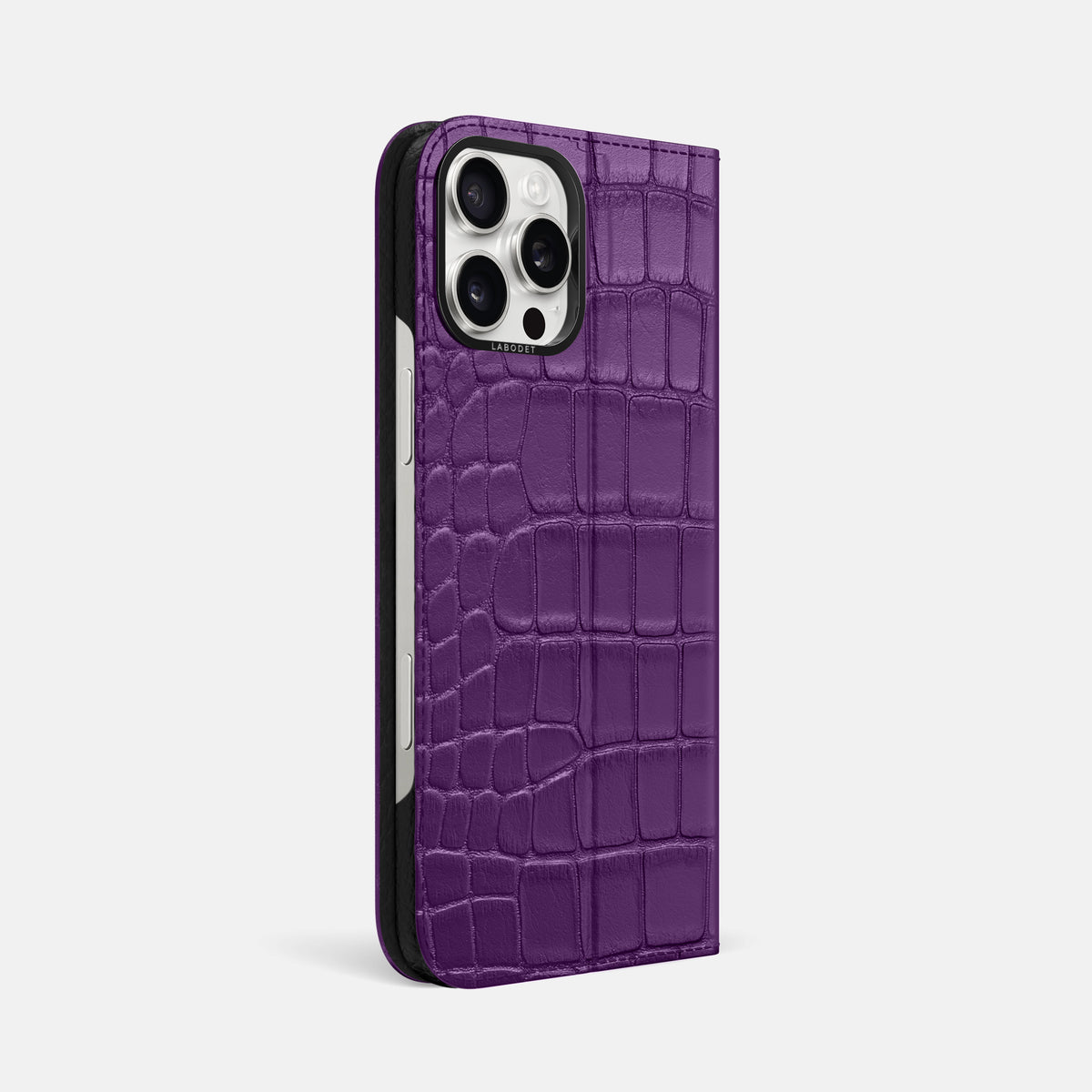 Purple iPhone 16 Pro Max Folio Case Alligator with Black Metal -1 | Purple-Black