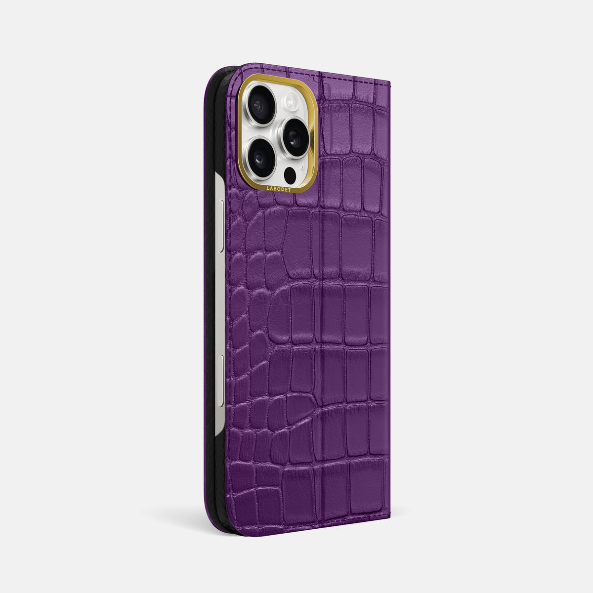 Purple iPhone 16 Pro Max Folio Case In Alligator with Gold Metal -1 | Purple-Gold
