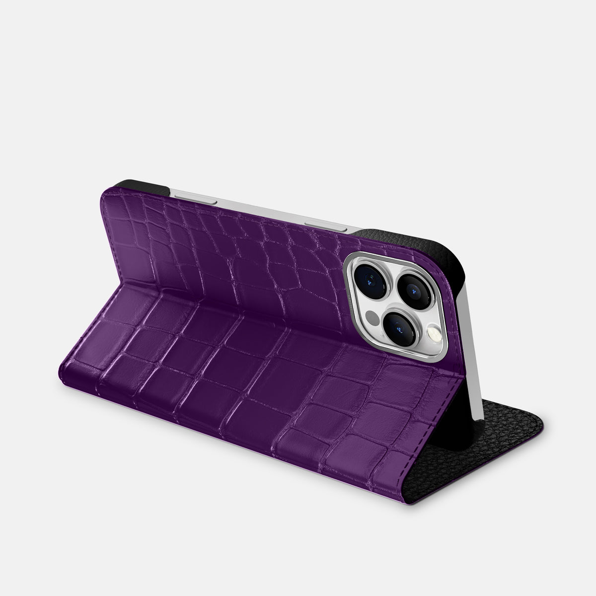 Purple iPhone 16 Pro Max Folio Case Alligator with Steel Metal -3 | Purple-Steel