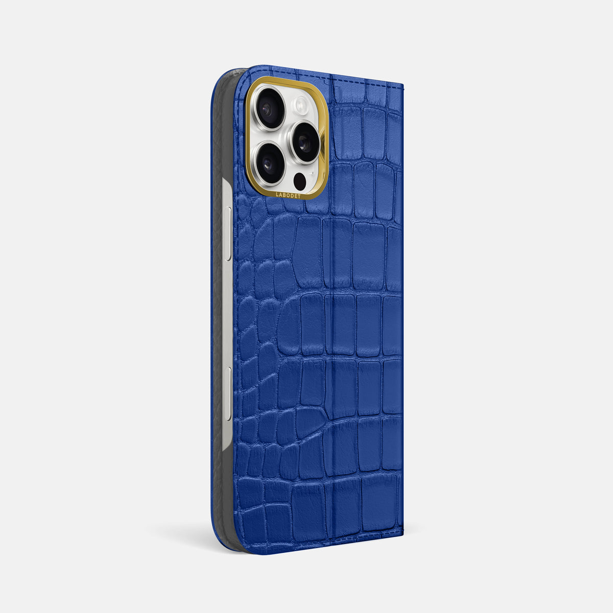 Royal Blue iPhone 16 Pro Max Folio Case In Alligator with Gold Metal -1 | Royal-Blue-Gold