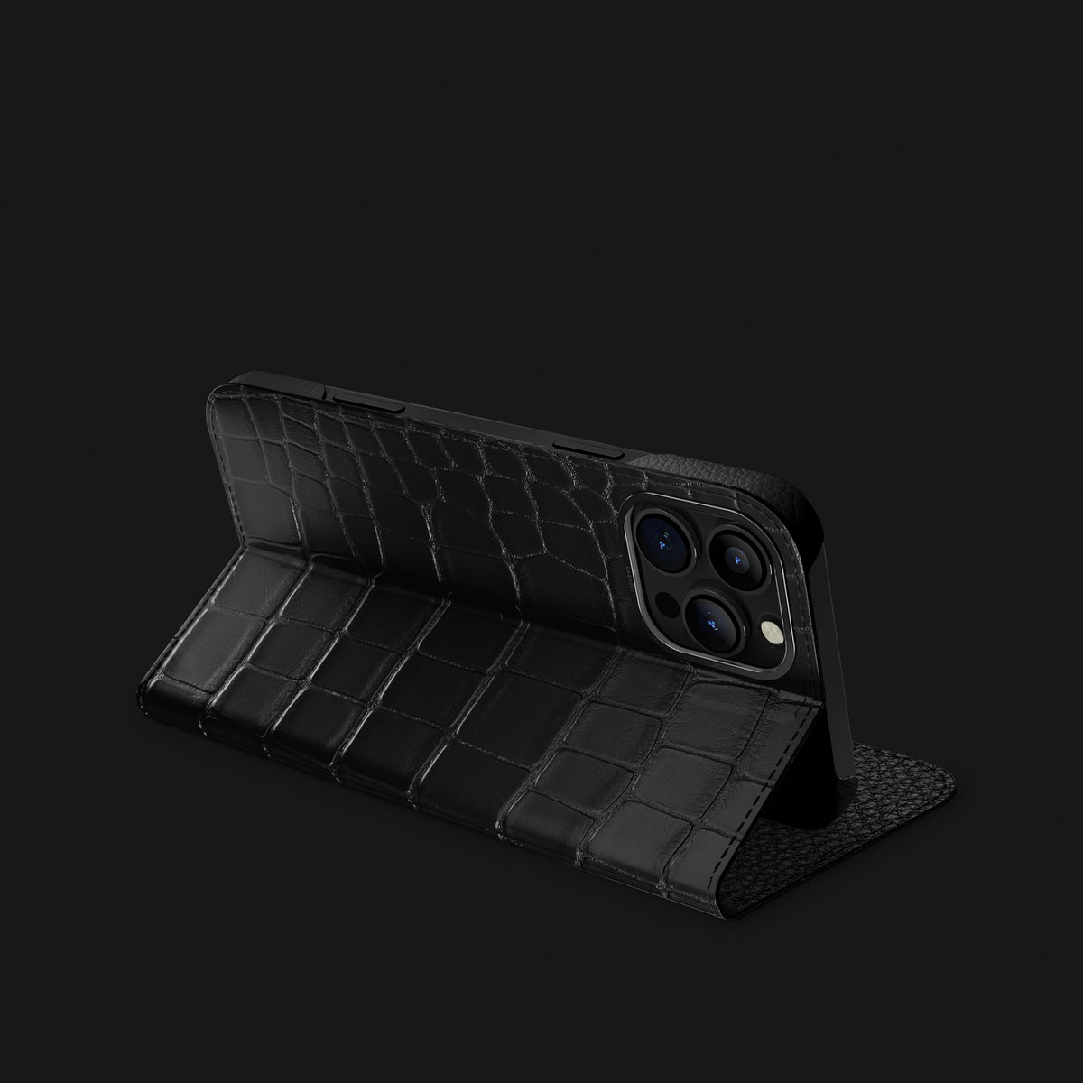 Edition-Black iPhone 16 Pro Folio Stand Case 1/1 Alligator with Black Metal -1 | Edition-Black-Black