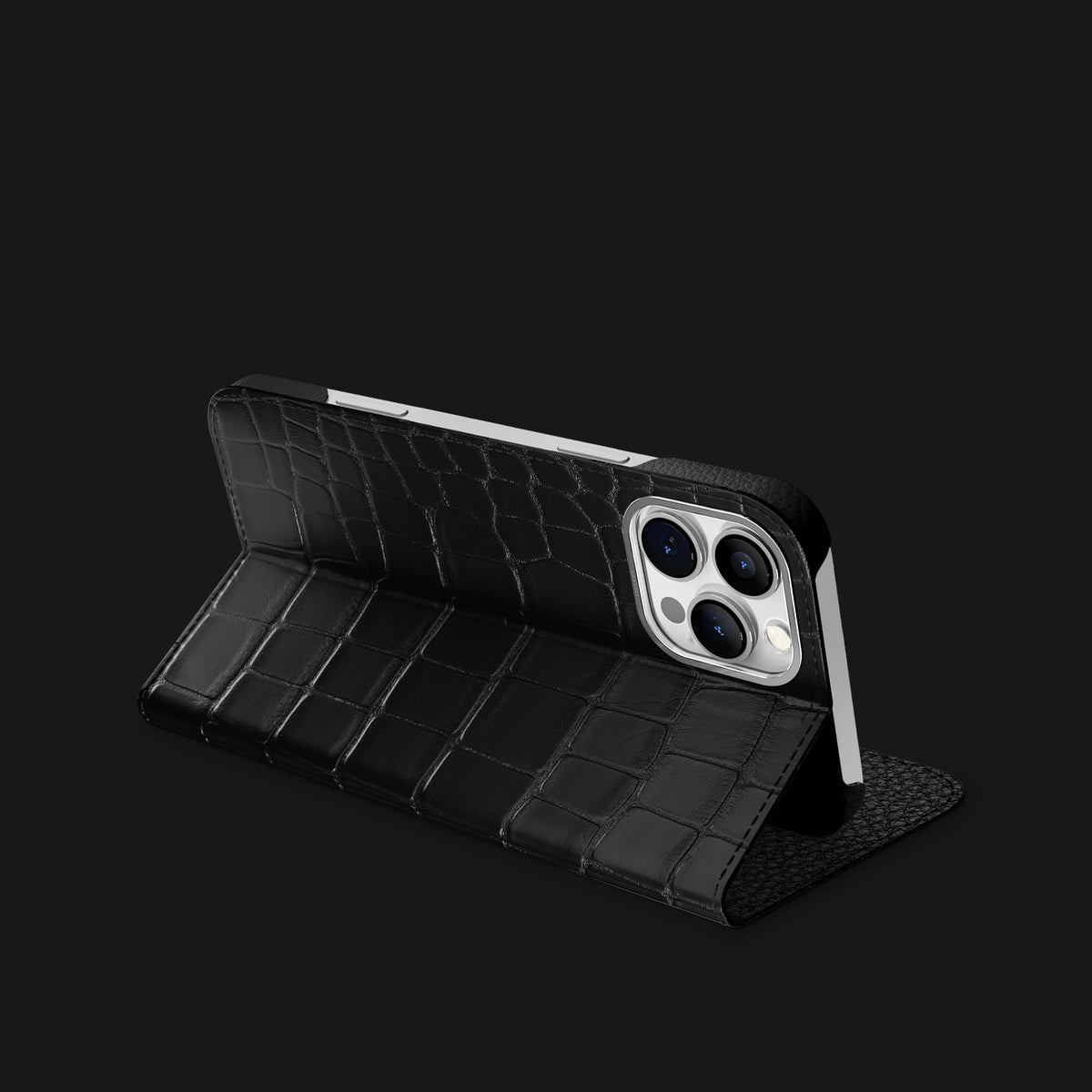 Edition-Black iPhone 16 Pro Folio Stand Case 1/1 Alligator with Steel Metal -1 | Edition-Black-Steel