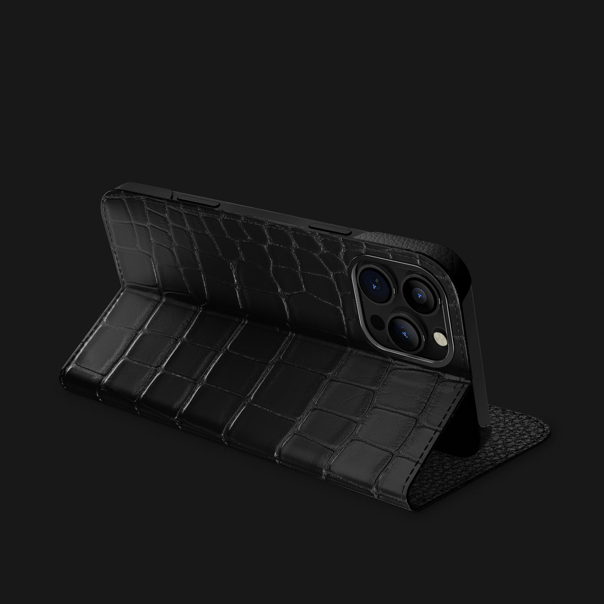 Edition-Black iPhone 16 Pro Max Folio Stand Case 1/1 Alligator with Black Metal -1 | Edition-Black-Black