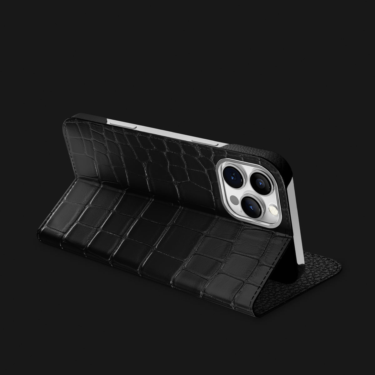 Edition-Black iPhone 16 Pro Max Folio Stand Case 1/1 Alligator with Steel Metal -1 | Edition-Black-Steel