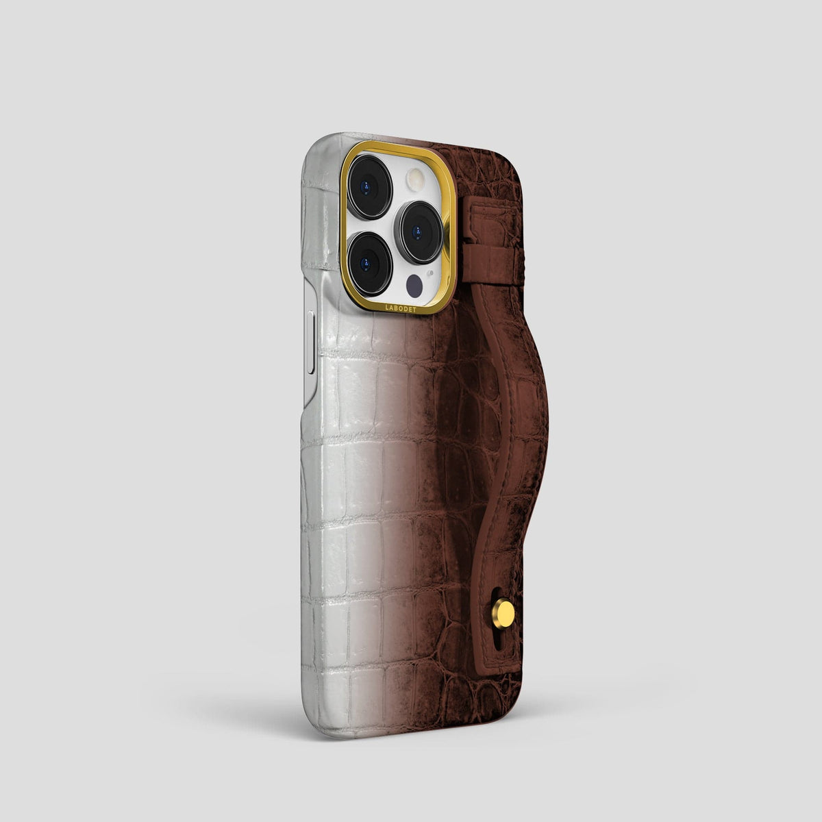 Dark Brown iPhone 15 Pro Hand Strap Case Himalayan Crocodile with Gold Metal -2 | Dark-Brown-Gold