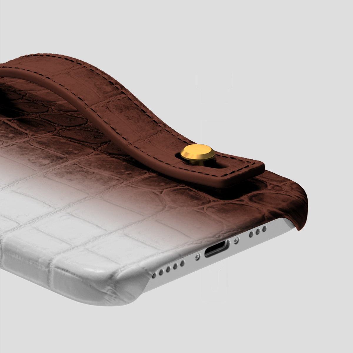 Dark Brown iPhone 15 Pro Hand Strap Case Himalayan Crocodile with Gold Metal -5 | Dark-Brown-Gold