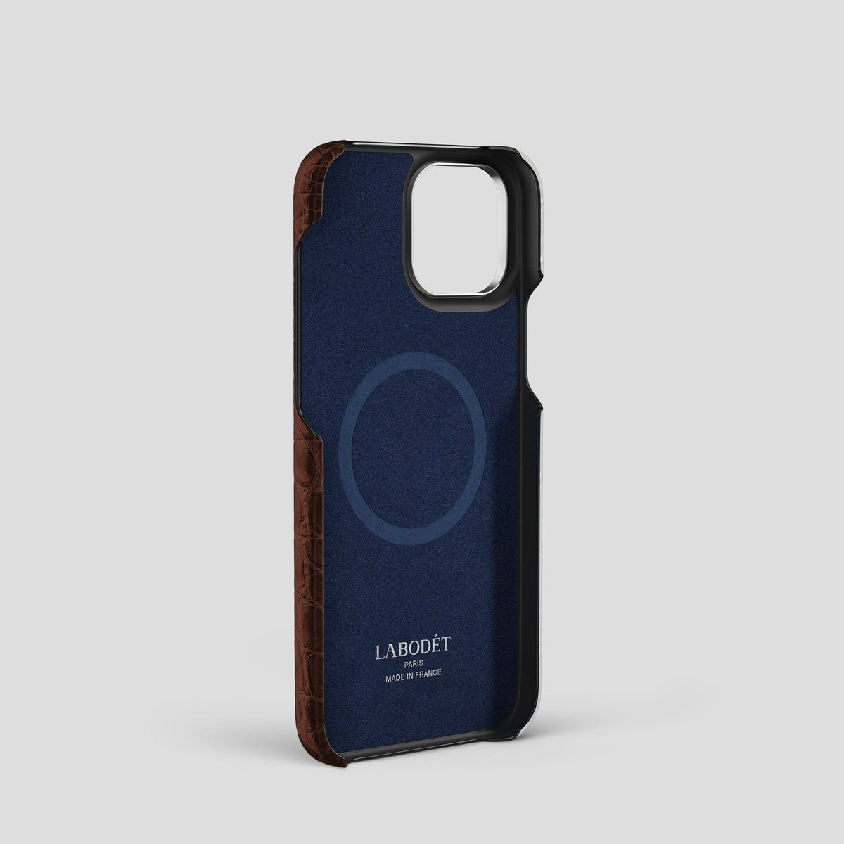 Dark Brown iPhone 15 Pro Hand Strap Case Himalayan Crocodile with Steel Metal -3 | Dark-Brown-Steel