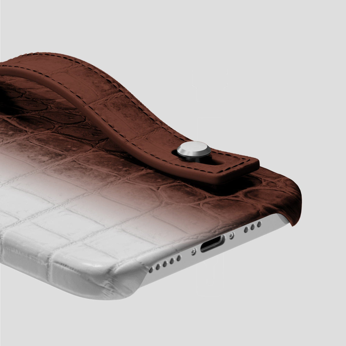 Dark Brown iPhone 15 Pro Hand Strap Case Himalayan Crocodile with Steel Metal -5 | Dark-Brown-Steel