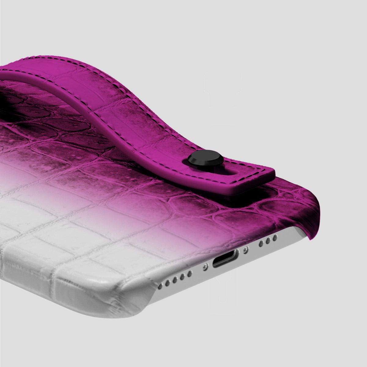 Fuchsia iPhone 15 Pro Hand Strap Case Himalayan Crocodile with Black Metal -5 | Fuchsia-Black