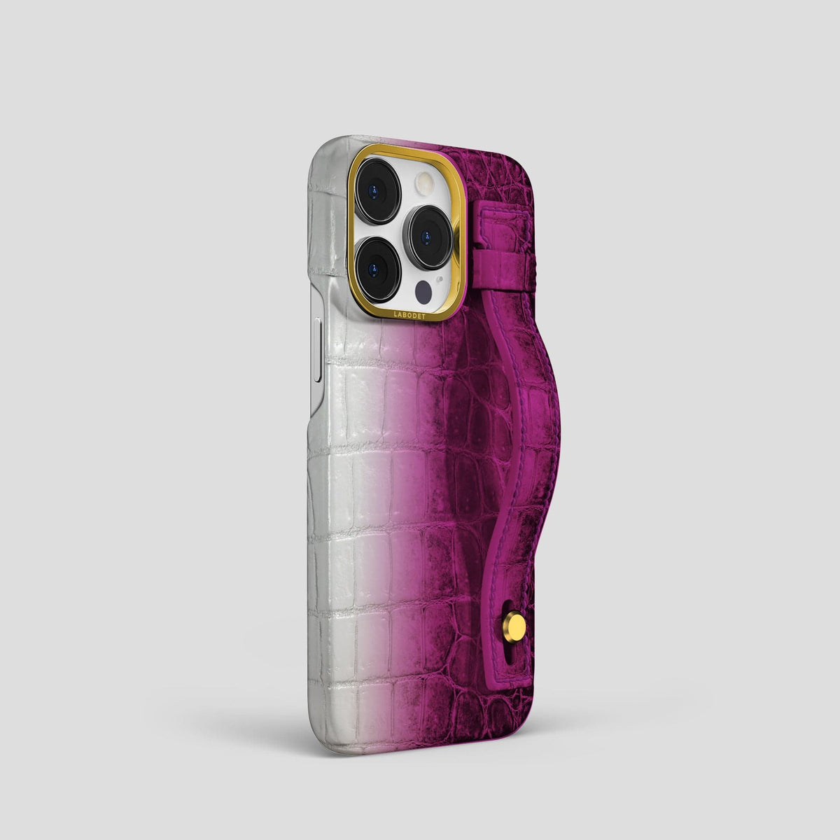 Fuchsia iPhone 15 Pro Hand Strap Case Himalayan Crocodile with Gold Metal -2 | Fuchsia-Gold