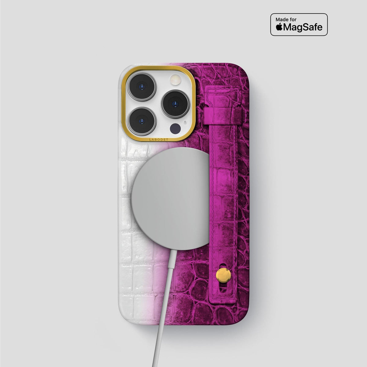 Fuchsia iPhone 15 Pro Hand Strap Case Himalayan Crocodile with Gold Metal -4 | Fuchsia-Gold