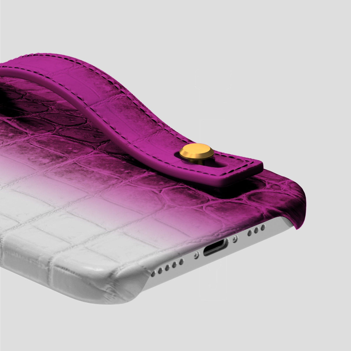 Fuchsia iPhone 15 Pro Hand Strap Case Himalayan Crocodile with Gold Metal -5 | Fuchsia-Gold