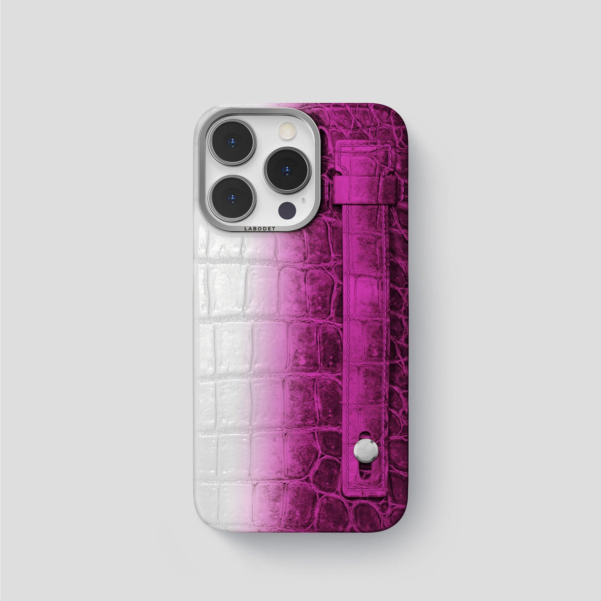 Fuchsia iPhone 15 Pro Hand Strap Case Himalayan Crocodile with Steel Metal -1 | Fuchsia-Steel