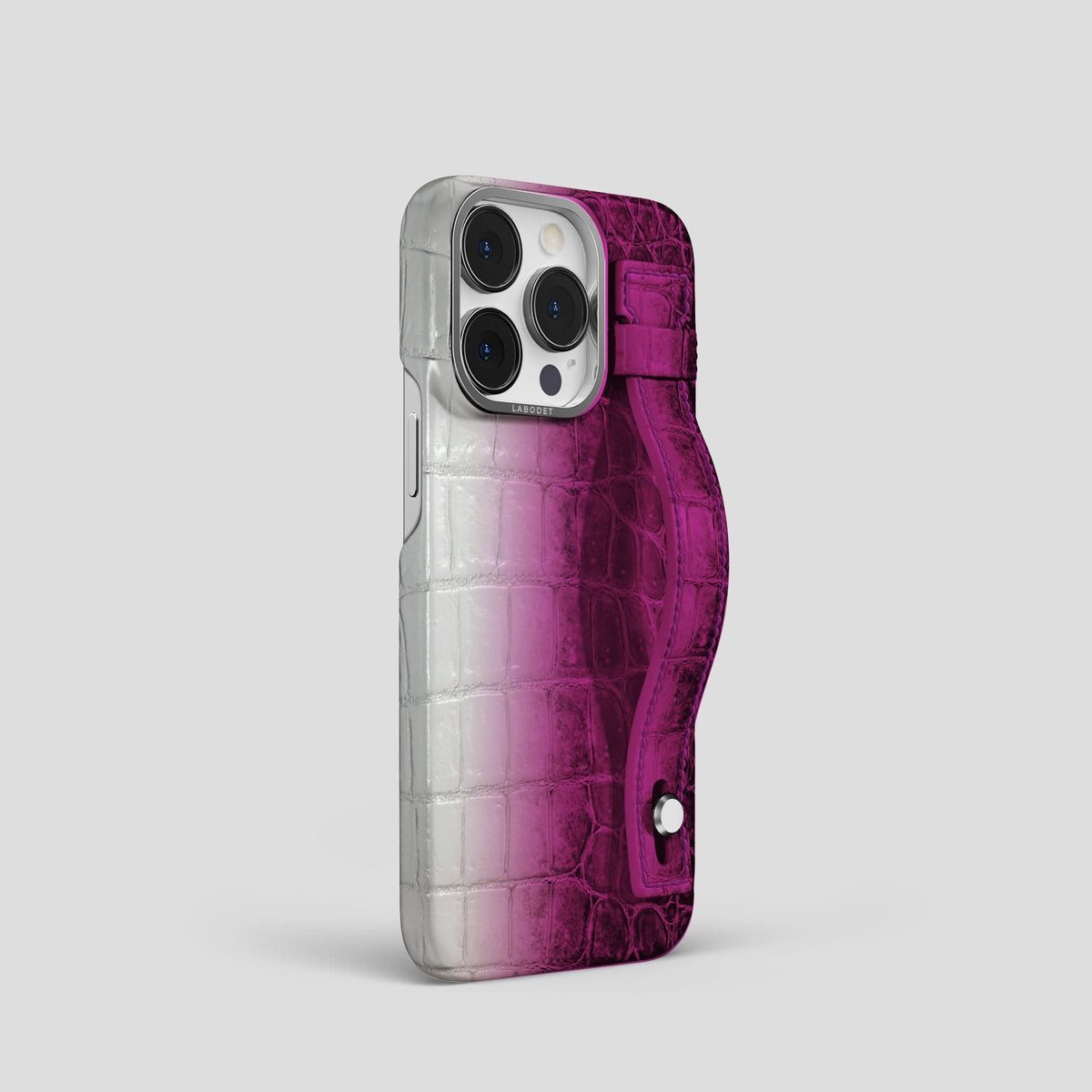 Fuchsia iPhone 15 Pro Hand Strap Case Himalayan Crocodile with Steel Metal -2 | Fuchsia-Steel