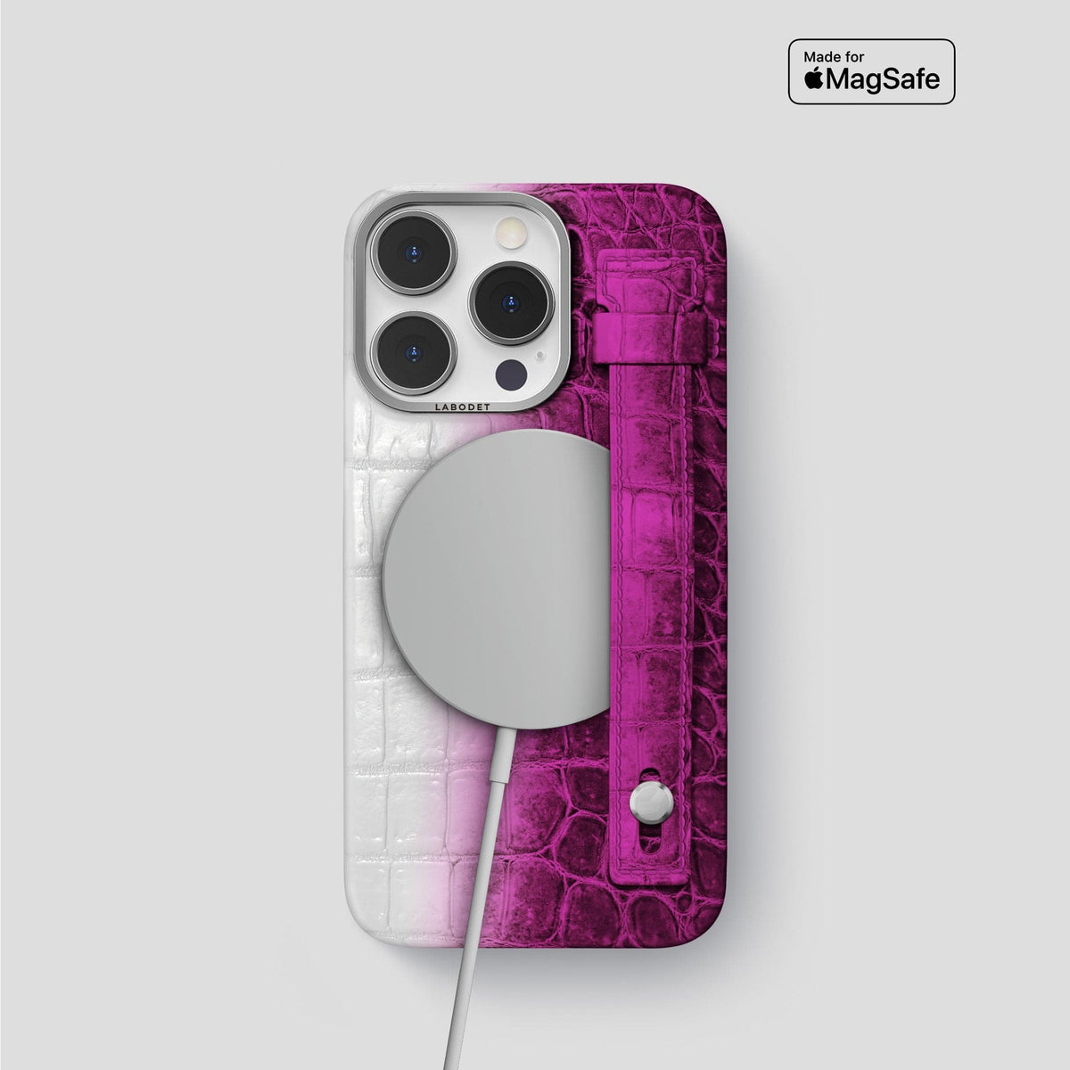 Fuchsia iPhone 15 Pro Hand Strap Case Himalayan Crocodile with Steel Metal -4 | Fuchsia-Steel