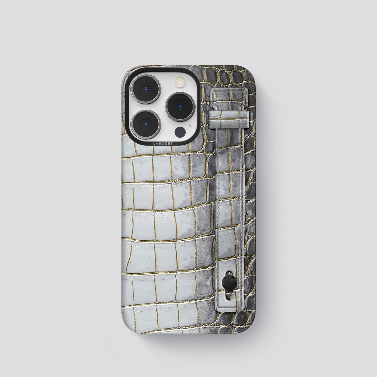 Gold iPhone 15 Pro Hand Strap Case Himalayan Crocodile with Black Metal -1 | Gold-Black