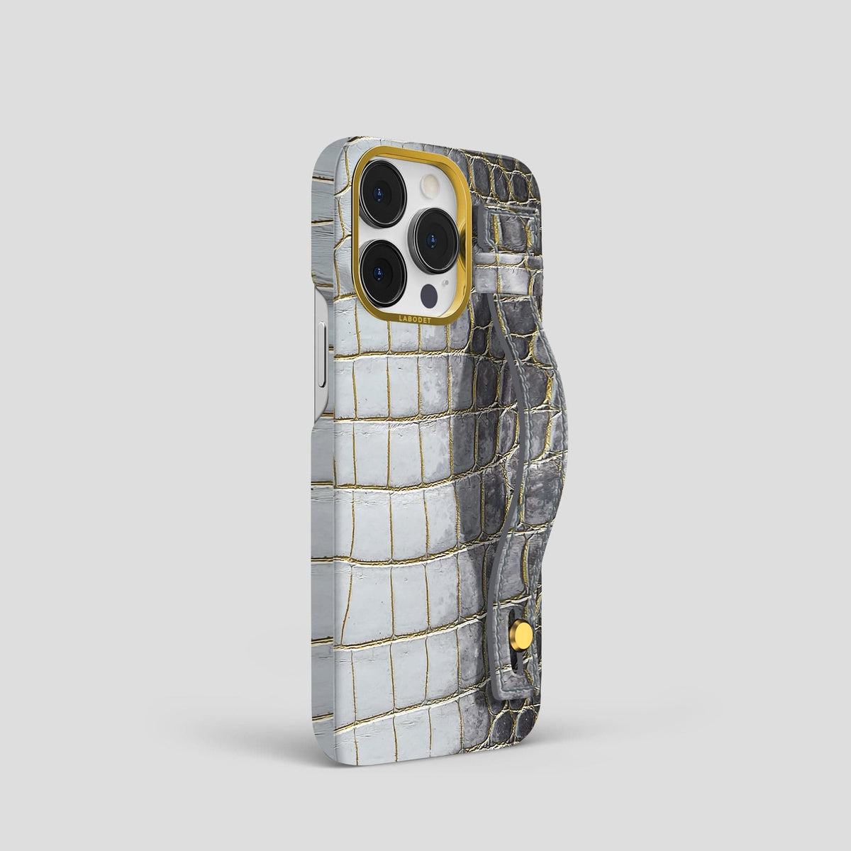 Gold iPhone 15 Pro Hand Strap Case Himalayan Crocodile with Gold Metal -2 | Gold-Gold