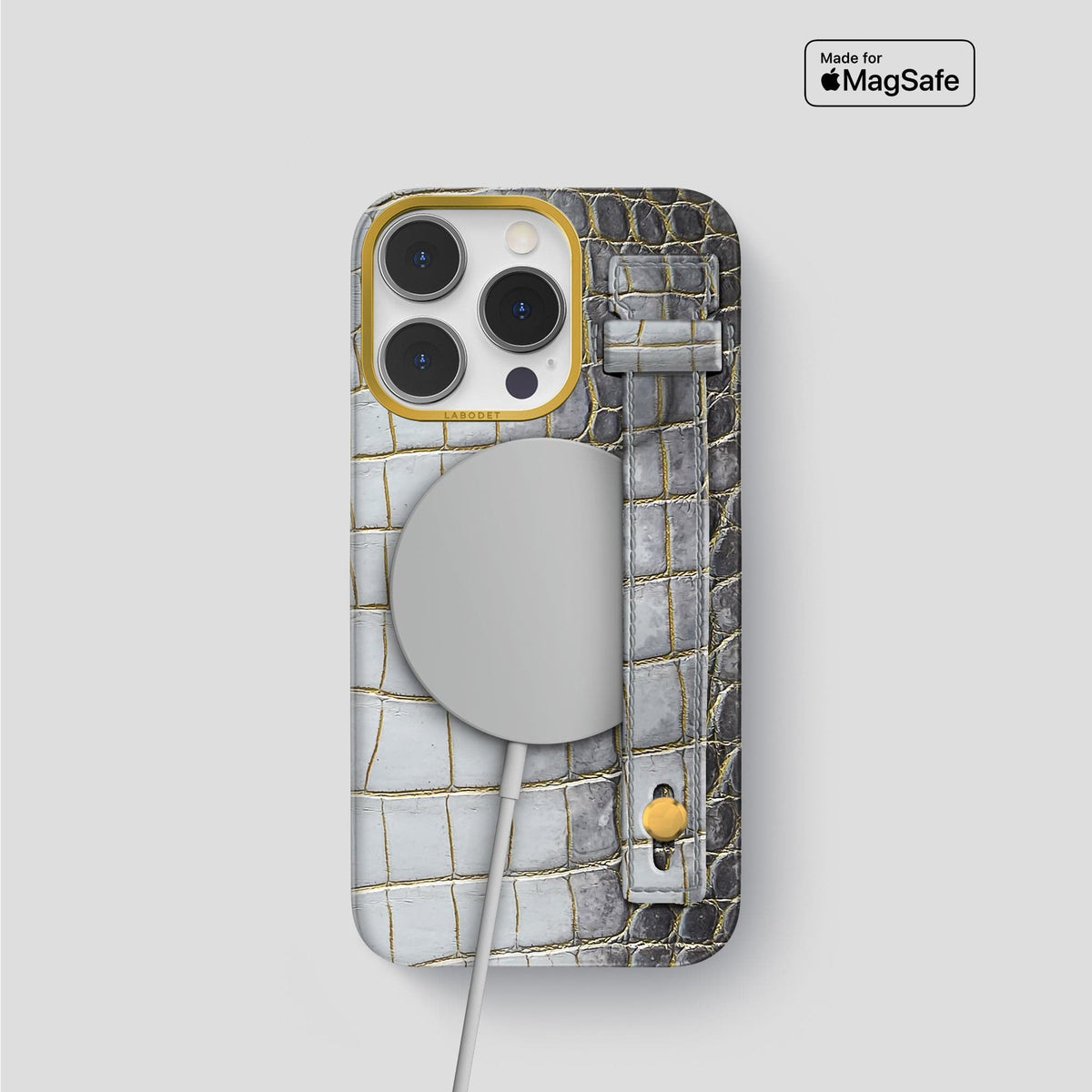 Gold iPhone 15 Pro Hand Strap Case Himalayan Crocodile with Gold Metal -4 | Gold-Gold
