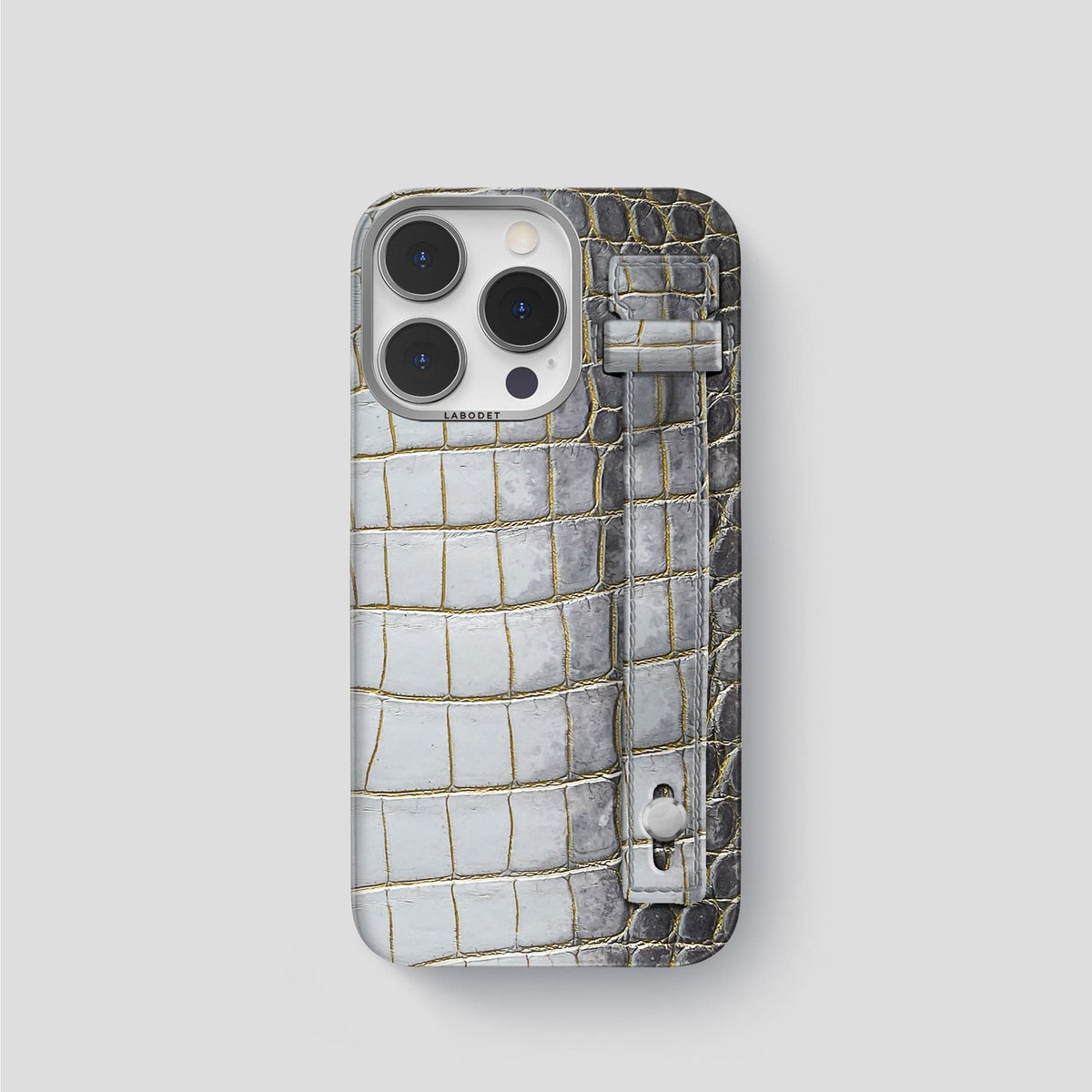 Gold iPhone 15 Pro Hand Strap Case Himalayan Crocodile with Steel Metal -1 | Gold-Steel