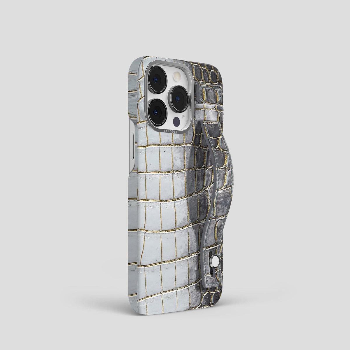 Gold iPhone 15 Pro Hand Strap Case Himalayan Crocodile with Steel Metal -2 | Gold-Steel
