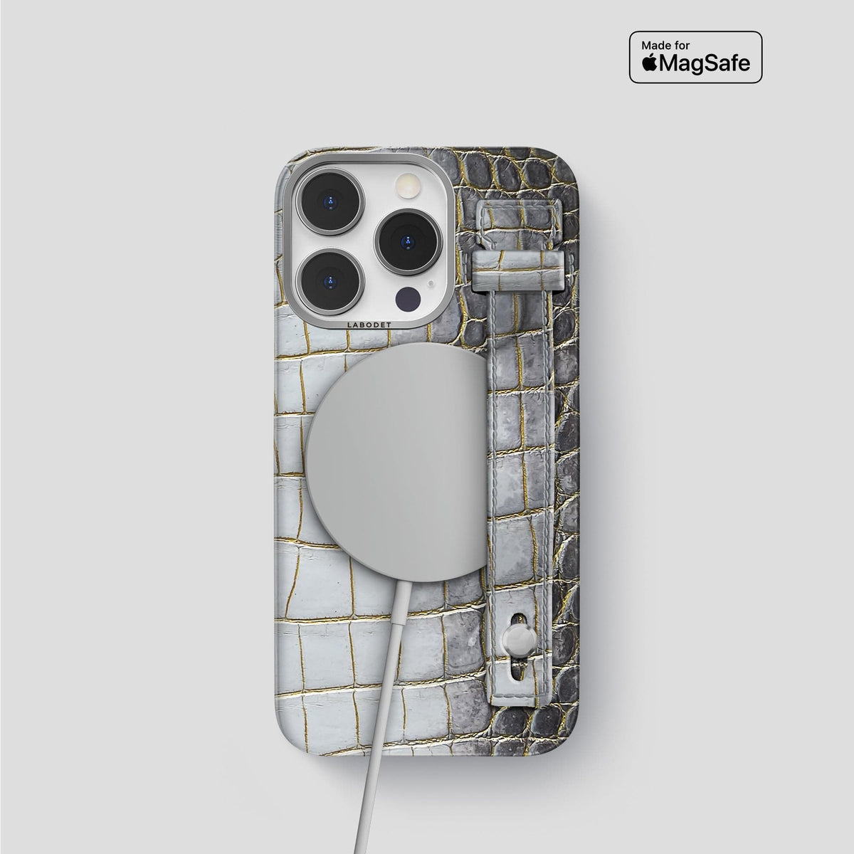 Gold iPhone 15 Pro Hand Strap Case Himalayan Crocodile with Steel Metal -4 | Gold-Steel