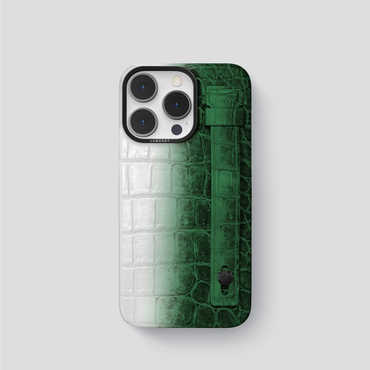 Green iPhone 15 Pro Hand Strap Case Himalayan Crocodile with Black Metal -1 | Green-Black