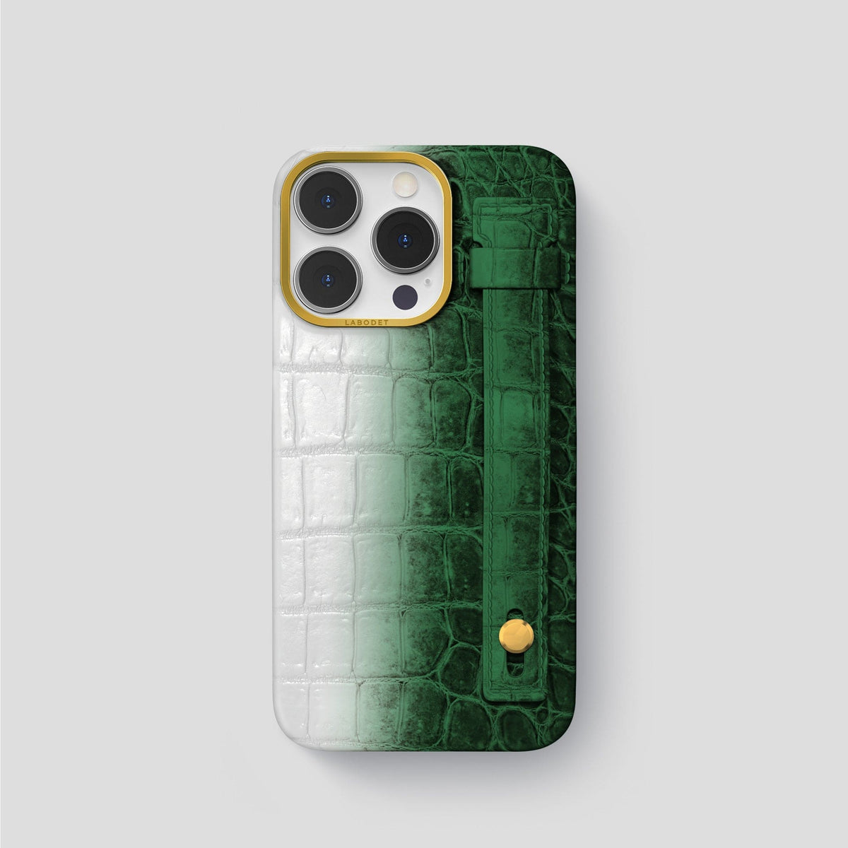 Green iPhone 15 Pro Hand Strap Case Himalayan Crocodile with Gold Metal -1 | Green-Gold
