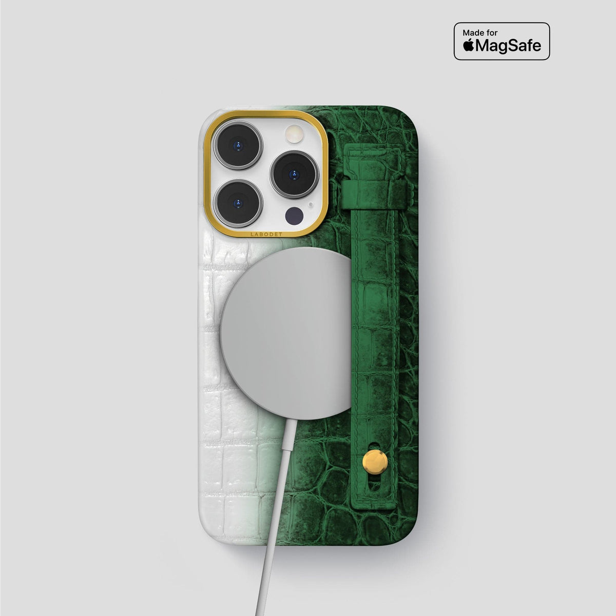 Green iPhone 15 Pro Hand Strap Case Himalayan Crocodile with Gold Metal -4 | Green-Gold