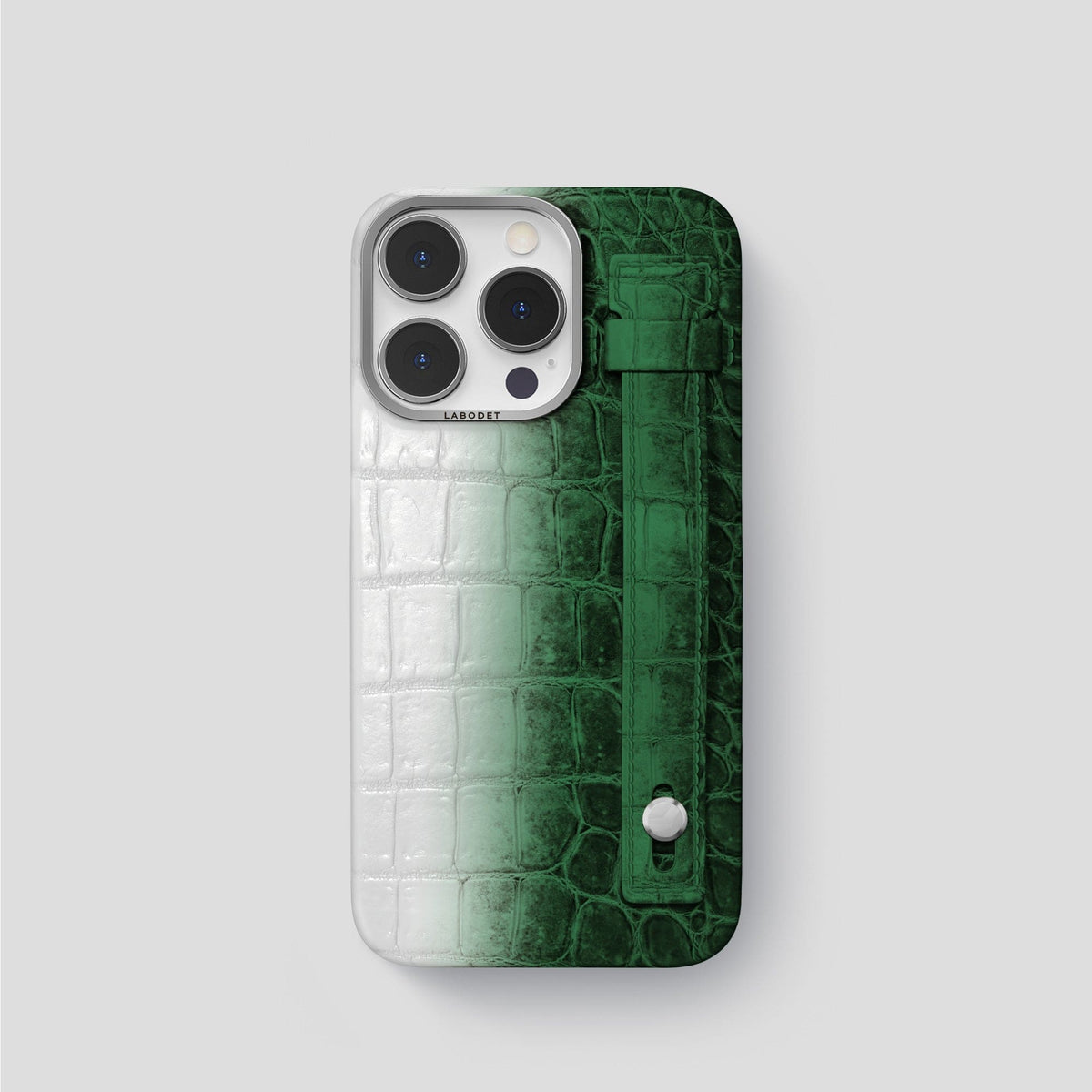 Green iPhone 15 Pro Hand Strap Case Himalayan Crocodile with Steel Metal -1 | Green-Steel