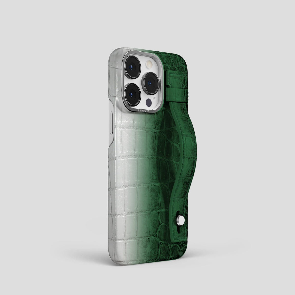 Green iPhone 15 Pro Hand Strap Case Himalayan Crocodile with Steel Metal -2 | Green-Steel