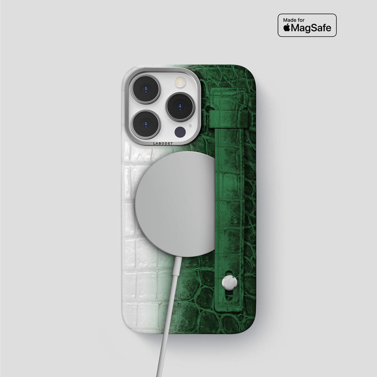Green iPhone 15 Pro Hand Strap Case Himalayan Crocodile with Steel Metal -4 | Green-Steel