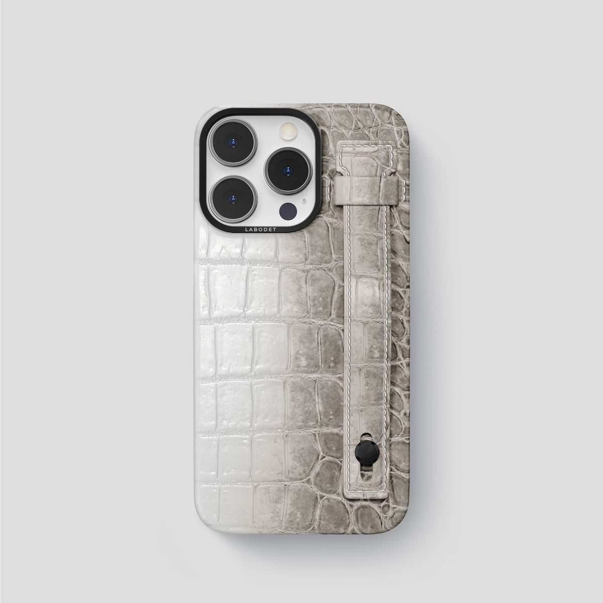 Grey iPhone 15 Pro Hand Strap Case Himalayan Crocodile with Black Metal -1 | Grey-Black