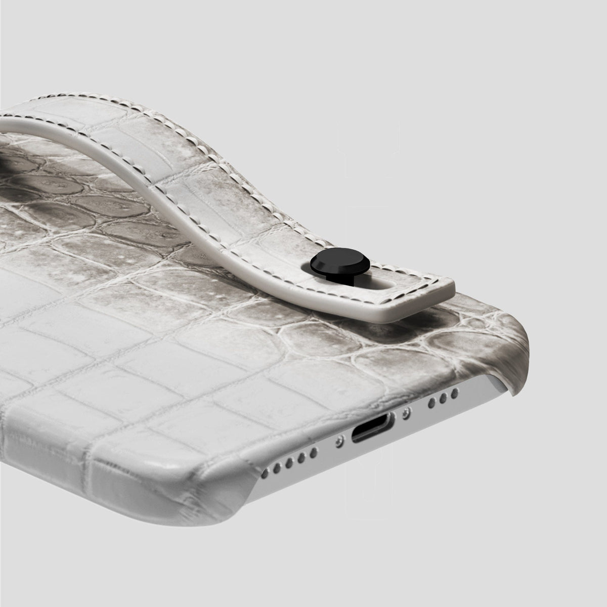 Grey iPhone 15 Pro Hand Strap Case Himalayan Crocodile with Black Metal -5 | Grey-Black